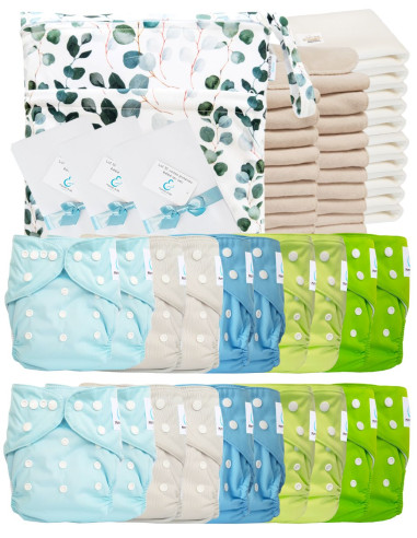 Mega pack 20 couches lavables TE1 + inserts + voiles de protection et son sac imperméable