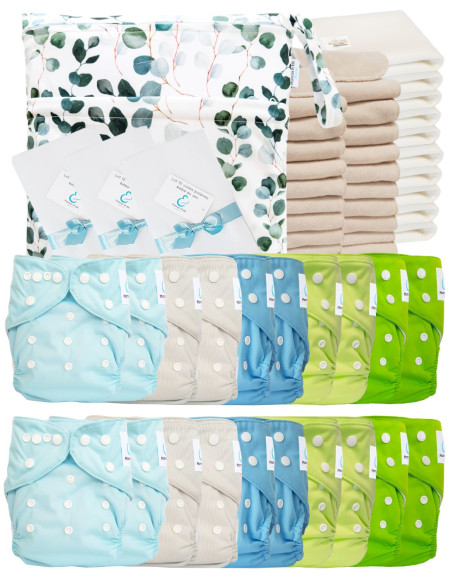 Mega pack 20 couches lavables TE1 + inserts + voiles de protection et son sac imperméable