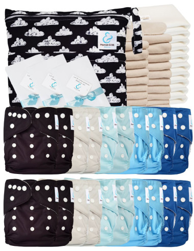 Mega pack 20 couches lavables TE1 + inserts + voiles de protection et son sac imperméable