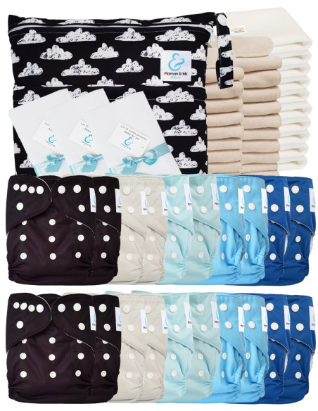 Mega pack 20 couches lavables TE1 + inserts + voiles de protection et son sac imperméable