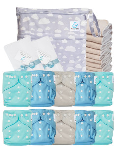 Pack complet couches lavables TE1 Sensitive + 10 inserts en coton + sac imperméable + voiles de protection