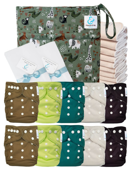 Pack complet couches lavables TE1 Sensitive + 10 inserts en coton + sac imperméable + voiles de protection
