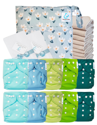 Pack complet couches lavables TE1 Sensitive + 10 inserts en coton + sac imperméable + voiles de protection