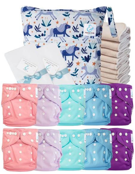 Pack complet couches lavables TE1 Sensitive + 10 inserts en coton + sac imperméable + voiles de protection