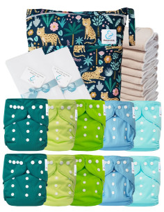 Pack complet couches lavables TE1 Sensitive + 10 inserts en coton + sac imperméable + voiles de protection