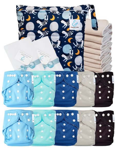 Pack complet couches lavables TE1 Sensitive + 10 inserts en coton + sac imperméable + voiles de protection
