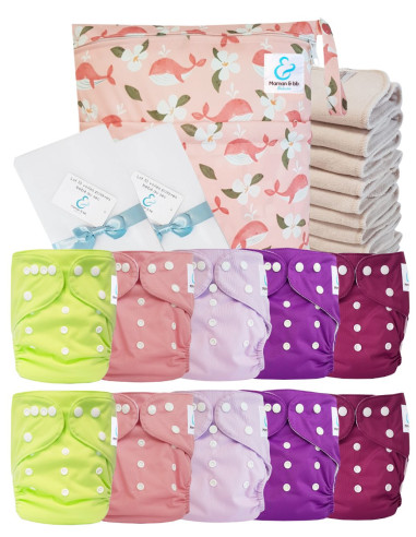 Pack complet couches lavables TE1 Sensitive + 10 inserts en coton + sac imperméable + voiles de protection