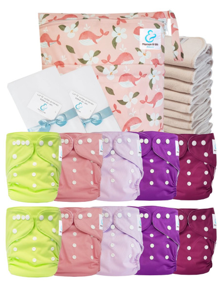 Pack complet couches lavables TE1 Sensitive + 10 inserts en coton + sac imperméable + voiles de protection