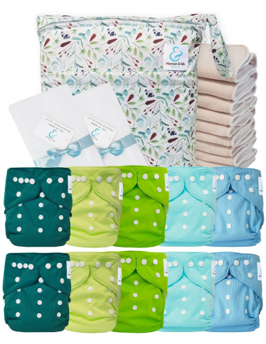 Pack complet couches lavables TE1 Sensitive + 10 inserts en coton + sac imperméable + voiles de protection