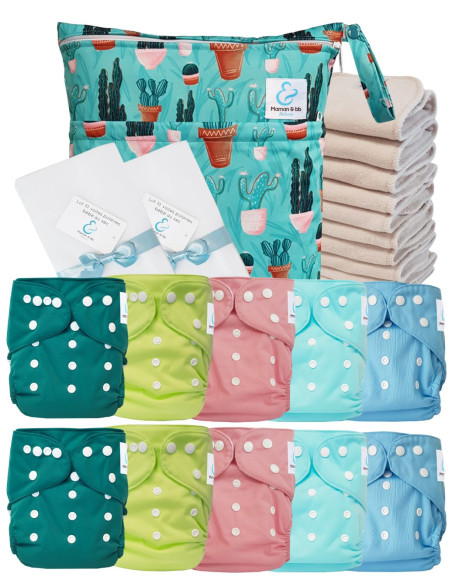 Pack complet couches lavables TE1 Sensitive + 10 inserts en coton + sac imperméable + voiles de protection