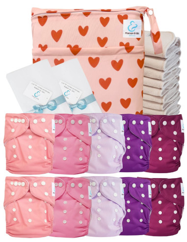 Pack complet couches lavables TE1 Sensitive + 10 inserts en coton + sac imperméable + voiles de protection