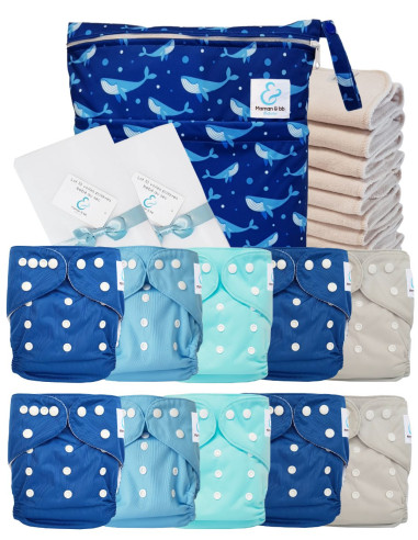 Pack complet couches lavables TE1 Sensitive + 10 inserts en coton + sac imperméable + voiles de protection