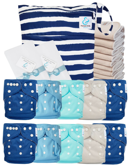 Pack complet couches lavables TE1 Sensitive + 10 inserts en coton + sac imperméable + voiles de protection