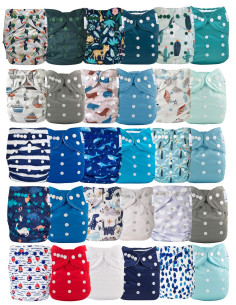 Conjunto de 30 pañales Lavable evolutivo con patrón + 30 inserciones.