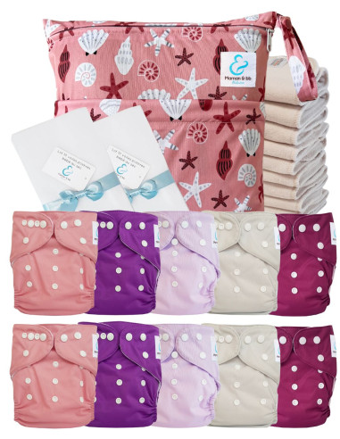 Pack complet couches lavables TE1 certifiées Oeko Tex® + 10 inserts en coton + sac imperméable + voiles de protection