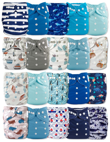 Lot de 20 couches lavables évolutives unies garçon + 20 inserts