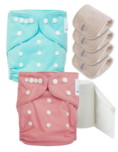 Pack découverte couches lavables TE1 certifiées Oeko Tex® + 4 inserts en coton + voiles de protection