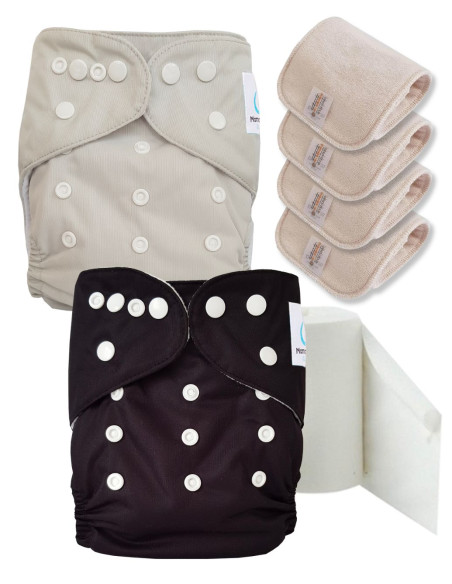 Pack découverte couches lavables TE1 certifiées Oeko Tex® + 4 inserts en coton + voiles de protection