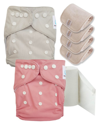 Pack découverte couches lavables TE1 certifiées Oeko Tex® + 4 inserts en coton + voiles de protection