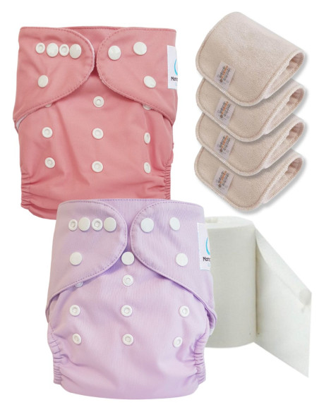 Pack découverte couches lavables TE1 certifiées Oeko Tex® + 4 inserts en coton + voiles de protection