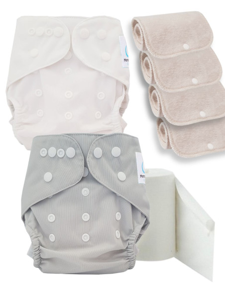 Pack découverte couches lavables TE2 certifiées Oeko Tex® + 4 inserts en coton + voiles de protection