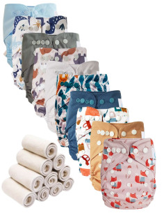 Lot 10 couches lavables tout en deux Te2 à doubles goussets + 10 inserts en bambou