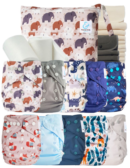 Pack complet couches lavables TE2 + 10 inserts bambou + 10 inserts charcoal + sac imperméable + voiles de protection