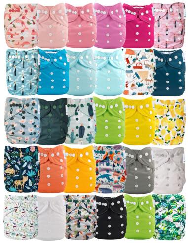 Lot de 30 couches lavables évolutives à motif + 30 inserts