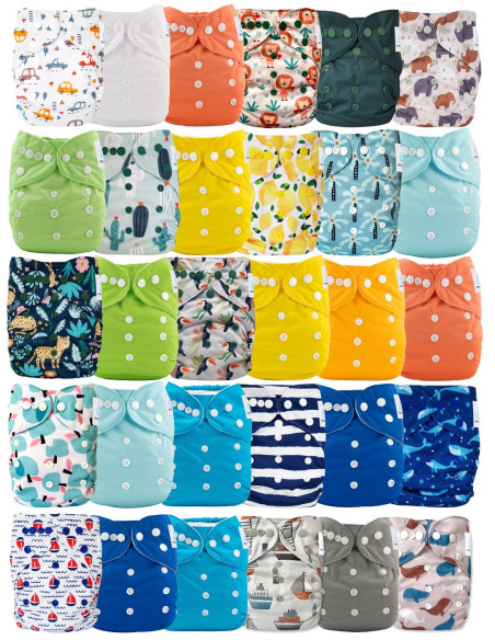 Conjunto de 30 pañales Lavable evolutivo con patrón + 30 inserciones.