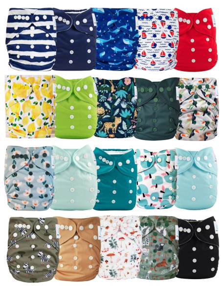 Lot de 20 couches lavables évolutives unies garçon + 20 inserts