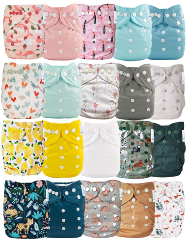 Lot de 20 couches lavables évolutives unies garçon + 20 inserts