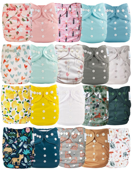 Lot de 20 couches lavables évolutives unies garçon + 20 inserts