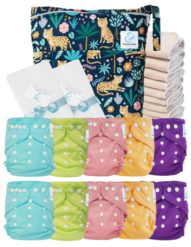Paquete completo Lavabable Capas lavables TE2 Certified Oeko Tex® + 10 Inserciones de algodón + Bolsa impermeable + Velas protec
