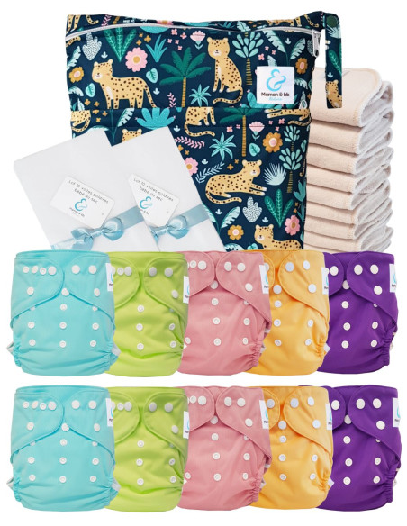 Complete Pack Washable Layers Te2 Certified Oeko Tex® + 10 Cotton Inserts + Waterproof Bag + Protective Sails