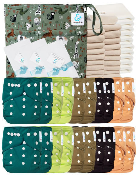 Mega pack 20 couches lavables TE1 + inserts + voiles de protection et son sac imperméable