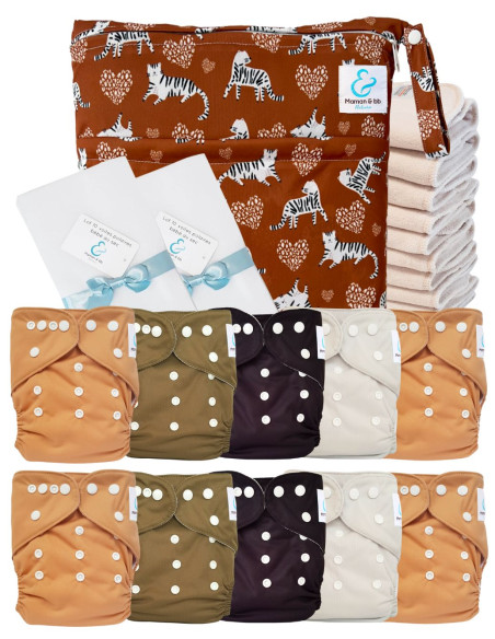 Pack complet couches lavables TE1 Sensitive + 10 inserts en coton + sac imperméable + voiles de protection