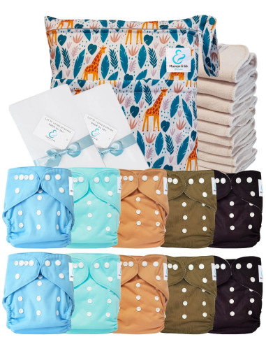 Pack complet couches lavables TE1 Sensitive + 10 inserts en coton + sac imperméable + voiles de protection
