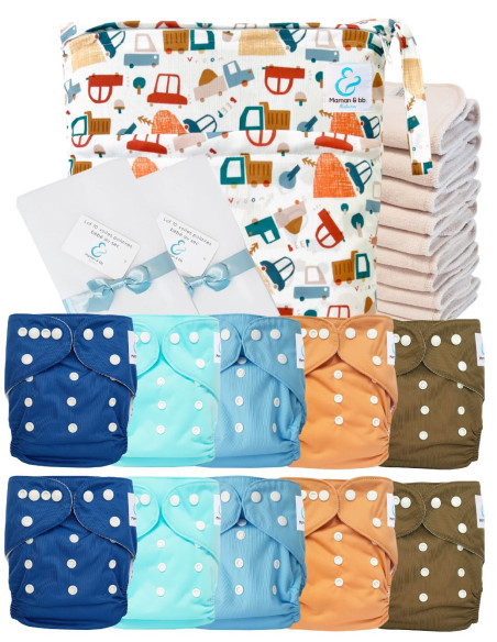 Pack complet couches lavables TE1 Sensitive + 10 inserts en coton + sac imperméable + voiles de protection
