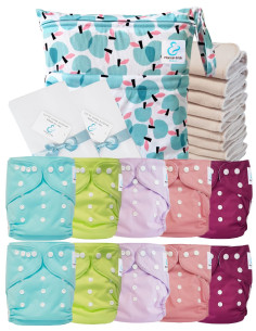 Pack complet couches lavables TE1 Sensitive + 10 inserts en coton + sac imperméable + voiles de protection