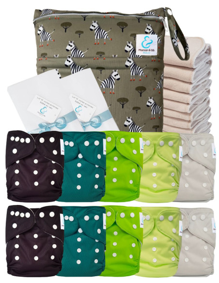 Pack complet couches lavables TE1 Sensitive + 10 inserts en coton + sac imperméable + voiles de protection