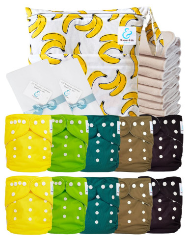 Pack complet couches lavables TE1 certifiées Oeko Tex® + 10 inserts en coton + sac imperméable + voiles de protection