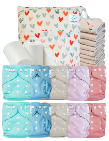Pack complet couches lavables TE1 certifiées Oeko Tex® + 10 inserts en coton + sac imperméable + voiles de protection
