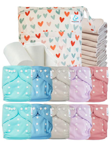 Pack complet couches lavables TE1 certifiées Oeko Tex® + 10 inserts en coton + sac imperméable + voiles de protection