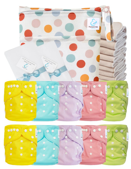 Pack complet couches lavables TE1 certifiées Oeko Tex® + 10 inserts en coton + sac imperméable + voiles de protection