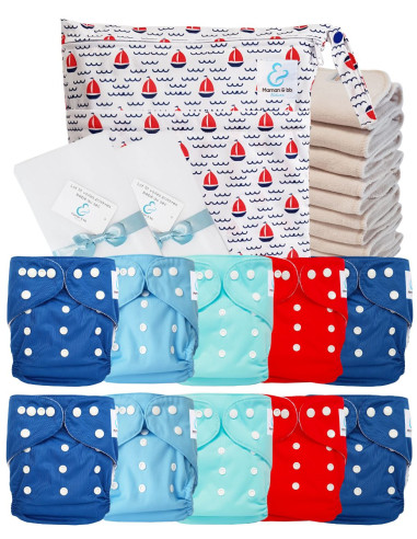 Pack complet couches lavables TE1 certifiées Oeko Tex® + 10 inserts en coton + sac imperméable + voiles de protection