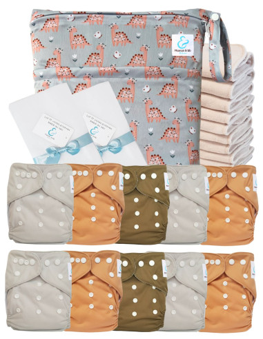 Pack complet couches lavables TE1 Sensitive + 10 inserts en coton + sac imperméable + voiles de protection
