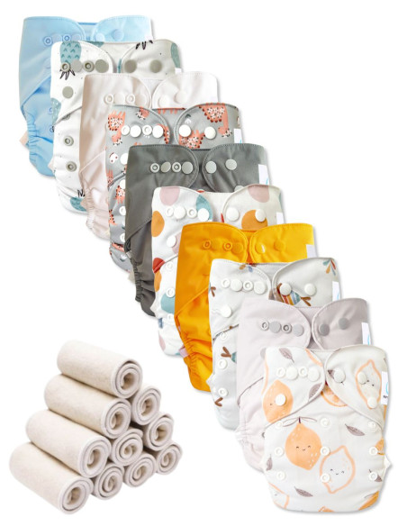 Lot 10 couches lavables tout en deux Te2 à doubles goussets + 10 inserts en bambou