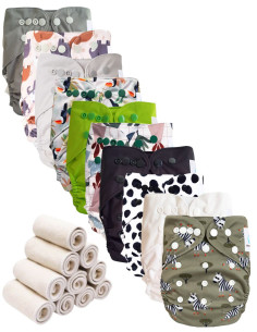 Lot 10 couches lavables tout en deux Te2 à doubles goussets + 10 inserts en bambou