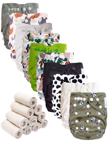 Lot 10 couches lavables tout en deux Te2 à doubles goussets + 10 inserts en bambou