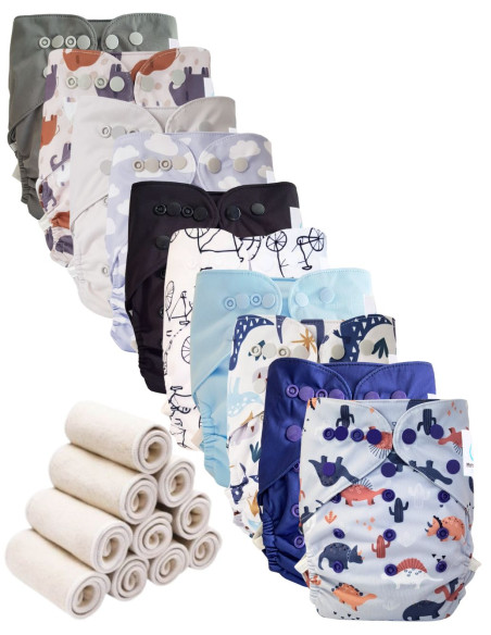 Lot 10 couches lavables tout en deux Te2 à doubles goussets + 10 inserts en bambou